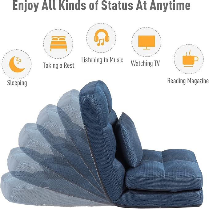 Indoor Chaise Lounge Sofa, Floor Chair with Back Support for Adults, 14 Angle Adjustment Recliner Chair, Folding Floor Lounger with Pillow 8823(Blue-2)