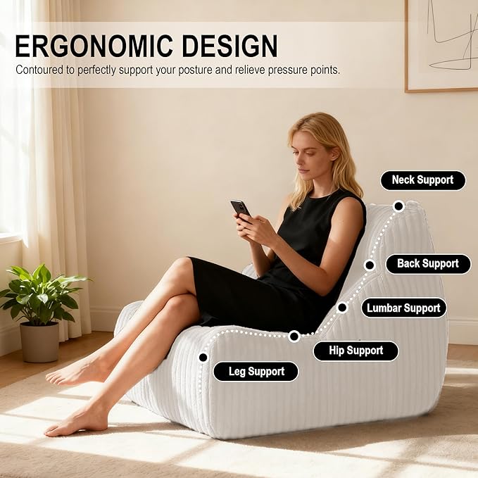 Bean Bag Chairs, Giant Bean Bag Chair for Adults, Memory Foam Lounge Chair, Comfy Lazy Floor Chair, Bean Bag Sofa for Living Room, Bedroom and Office, Single Bean Bag (White)