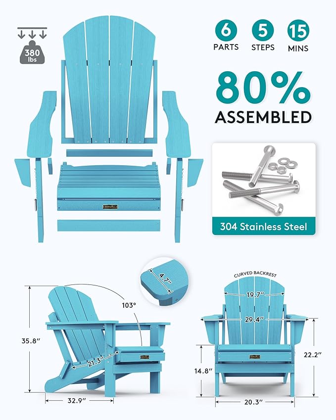 SERWALL Folding Adirondack Chair Weather Resistant Patio Chair Outdoor Chairs Set of 6 Painted Adirondack Chairs - Light Blue