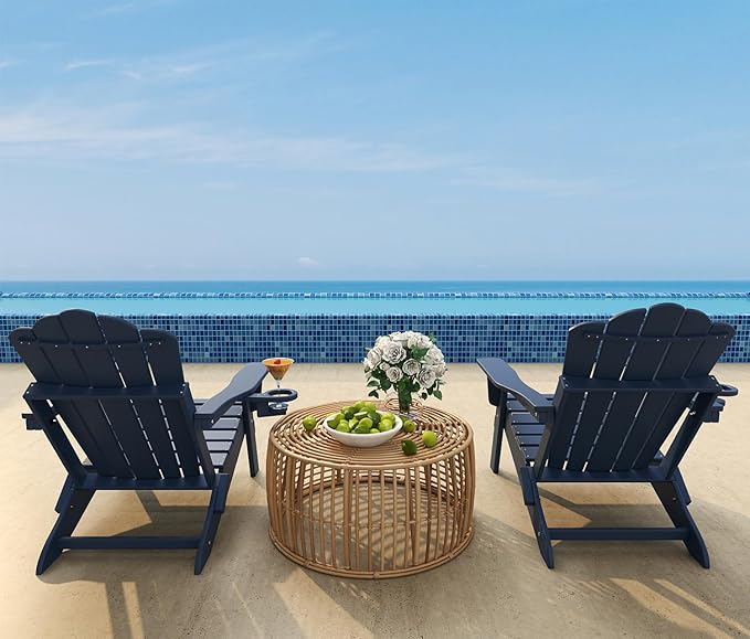 FOOWIN Adirondack Chair Set of 8, Folding Adirondack Chair with Cup Holder, HDPE All-Weather Fire Pit Chair for Patio, Garden, Backyard, Poolside, Navy Blue