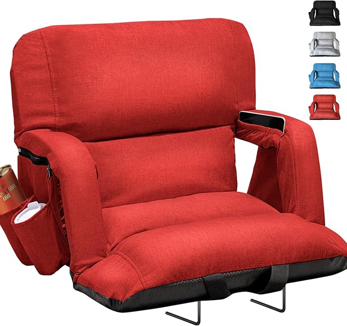 Wide Stadium Seats with Back Support, Exclusive Sofa Style Design Extra Thick Bleacher Chairs with Back and Cushion, 6 Reclining Positions - Ultimate Comfort for Sports Events (Red, 22.5")