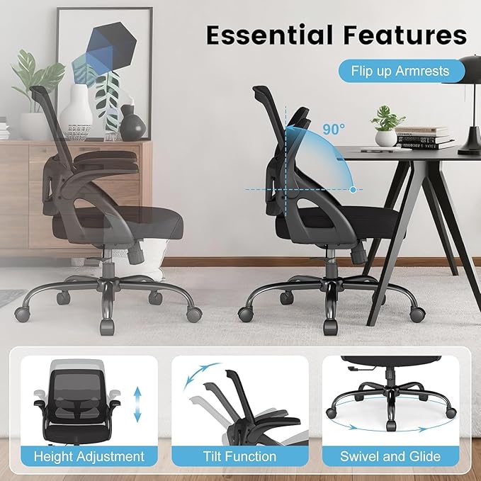 Mesh Office Chair, Ergonomic Desk Chair Wide Mid Back with Comfy Lumbar Support Swivel Task Executive with Wheels, Flip up Arms for Home
