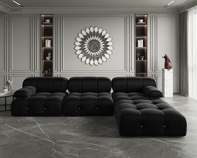 JACH 104'' Modern Sectional Sofa, L-Shaped Minimalist Velvet Floor Sofas Couches, Couch Sectional with Reversible Chaise Ottoman for Living Room Office Apartment (3 Seats,1 Ottoman, Black)