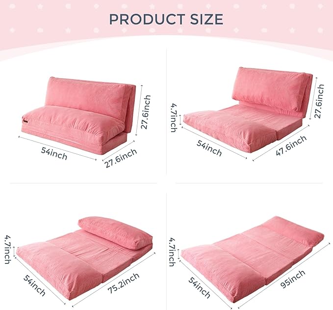 MAXYOYO Folding Sofa Bed, Extra Thick and Long Floor Sofa Convertible Sleeper Chair with Washable Cover, Floor Couch Lounge Bean Bag Bed for Living Room, Pink, 54x95 Inch