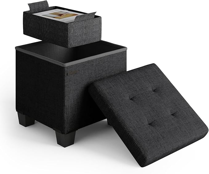 Storage Ottoman Cube with Small Bin, 16-in Square Ottoman with Storage for Living Room and Bedroom, Small Ottomans Foot Rest, Fabric Foot Stools Ottomans Max 330lbs, Black
