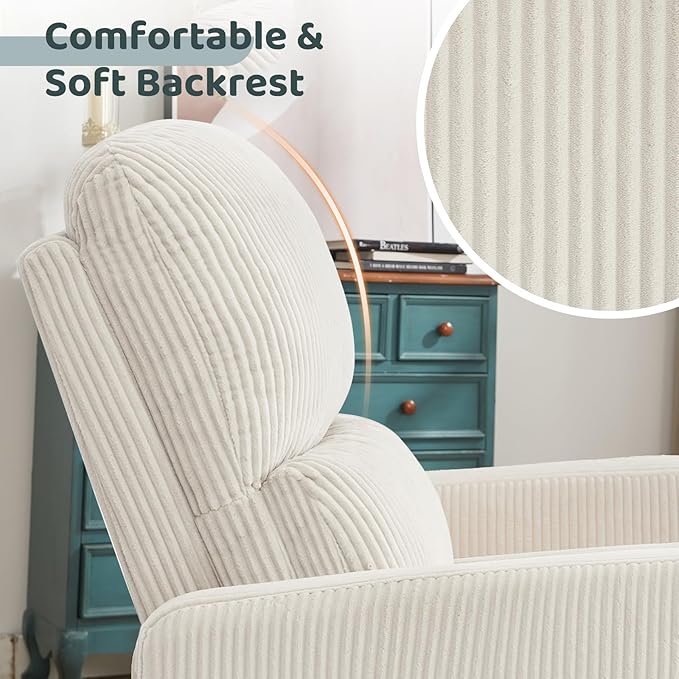 AEMEIOS Swivel Rocker Recliner, Oversized Power Recliner Glider with Removable Cushion, Upholstered Swivel Reclining Nursery Chairs for Living Room Bedroom, Corduroy White