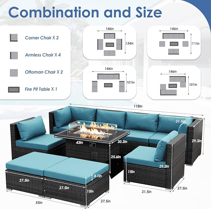 RADIATA 9 Piece Wicker Patio Furniture Set with Fire Pit, All-Weather Outdoor Sectional Couch High Back Large Size, Modular Backyard Seating Sofa Set with Propane/Natural Gas Firepit Table, Grey&Teal