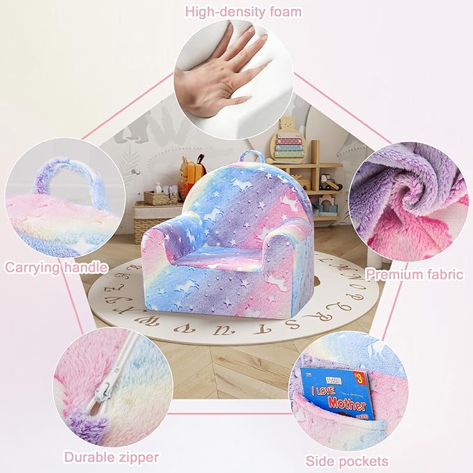 MeMoreCool Comfy Toddler Chair for 1-3 Years Old, Glow Unicorn Kids Reading Chair, Soft Plush Toddler Armchair, Cozy Foam Lounge Kids Armchair for Baby Room, Living Room, Playroom, Reading Nook