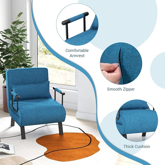 KOMFOTT Convertible Sleeper Chair Bed, 4-in-1 Folding Sofa Bed with 6-Position Adjustable Backrest, Upholstered Chaise Lounge with Removable Pillow, Leisure Recliner Lounge Couch for Home Office
