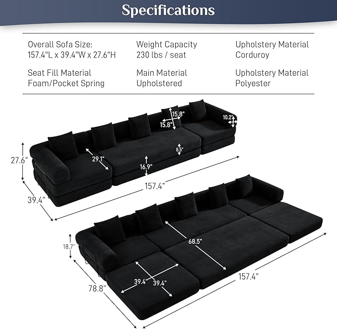 DAMAIFROM 157" Modular Sectional Loveseat Sofa Cloud Boneless Couch, Modern Sleeper Sofa for Customizable Living Spaces, Cozy Modular Couch for Indoor Room, No Assembly Required, Black