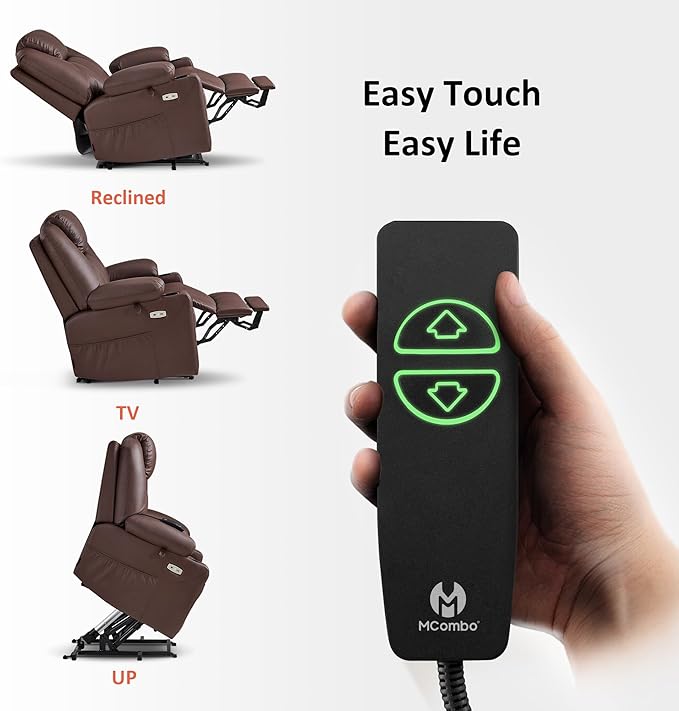 MCombo Large Power Lift Recliner Chair with Massage and Heat for Tall Elderly People, 3 Positions, Cup Holders, and USB Ports, Faux Leather 7516 (Large, Light Brown)