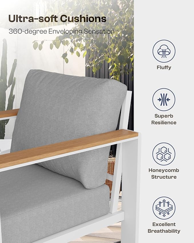 Oasbira Aluminum Outdoor Patio Furniture Set with Coffee Table, 4 Piece Patio Conversation Sets with Washable Thick Cushions, Patio Sectional Furniture Set for Porch, Balcony, Deck, Yard, White