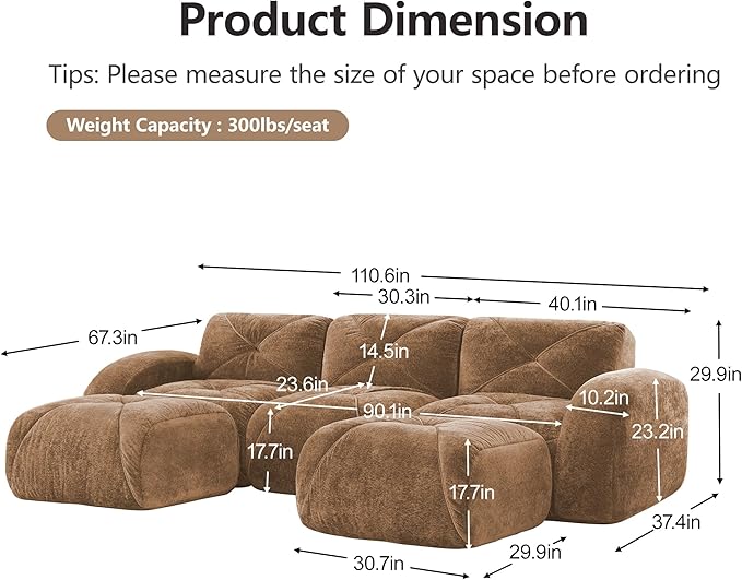 Modular Sectional Sofa with Free Combination,Boneless Floor Couch for Living Room & Lounge,Velvet 3-Seater Sectional Couch with 2 Ottomans,No Assembly Needed