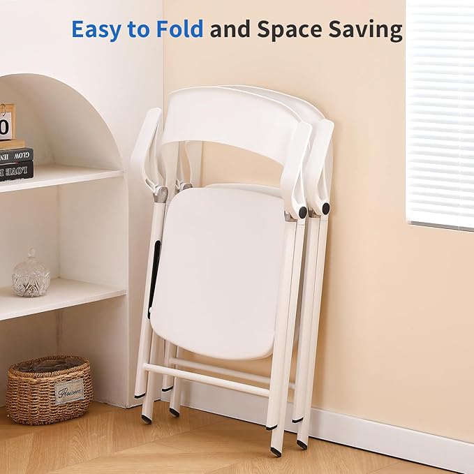 KAIHAOWIN 2 Pack Plastic Folding Chair with Armrest, Heavy Duty Foldable Chairs with Steel Frame Commercial Stackable Guest Chairs for Indoor and Outdoor-White