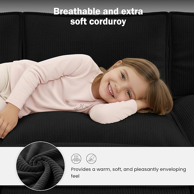 Apicizon 143" Cloud Sofa Sectional, L Shaped Cloud Couch with Side Storage Pocket, Modern Corduroy Sofa Set for Living Room, Office, Black