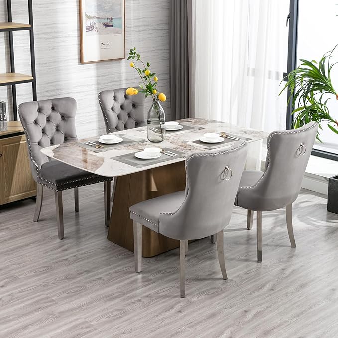 YeahFurn Mid Century Modern Dining Chairs Set of 4, Grey Velvet Upholstered Tufted Back, Kitchen & Dining Room Chairs, Brushed Silver Metal Legs, Nailhead Trim, Sillas para Comedor (Gray, 4 Pcs)