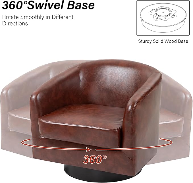 Swivel Barrel Chair, Modern Round PU Leather Accent Armchair for Living Room, Bedroom, Oversized Comfy Club Reading Chairs for Adults (Leather Red Brown, Set of 2)