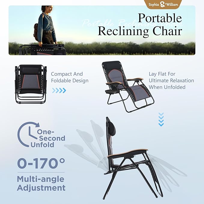Sophia & William Oversized Zero Gravity Chair Padded, Folding Lounge Chair with Wide Armrest and Cup Holder, Support 400 LBS, Black