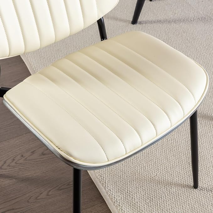 YaFiti Dining Chairs Set of 6, Mid Century Modern Accent Dining Room and Kitchen Chairs, Upholstered PU Leather Vertical Stripe Chairs for Vanity with Walnut Bentwood and Metal Legs, Beige