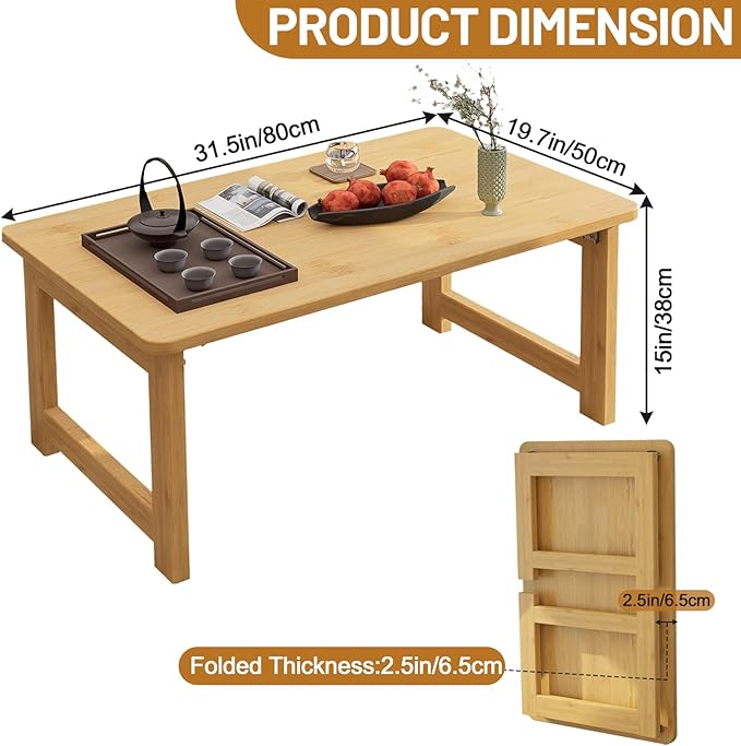 OETPJM Japanese Floor Table, Bamboo Folding Coffee Table, Portable Solid Wood Japanese Tatami Tea Table Table, No Assembly Japanese Dining Table for Sitting on The Floor, Easy Storage (Natural)