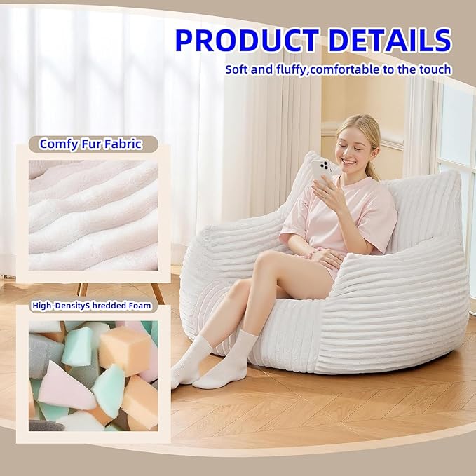 Bean Bag Chair for Adults with Armrest - Ultra Plush Memory Foam Lounge Sofa & Oversized Comfy Chair for Bedroom, Living Room & Dorm (Beige, Without Pedals)