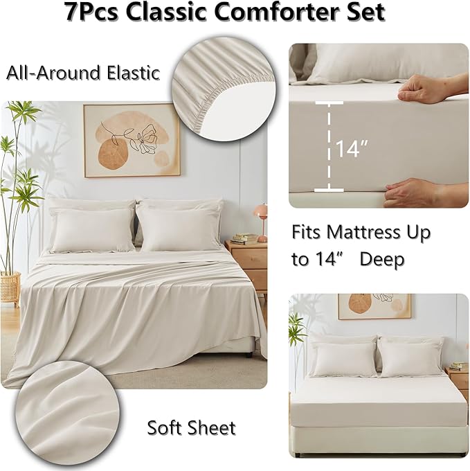 CozyLux Oversized King Comforter Set Beige - 7 Pieces Bed in a Bag Comforter Set with Sheets, Luxury Soft Bed Set All Seasons, Bedding Set with Down Alternative Comforter, Sheets, Pillowcases & Shams