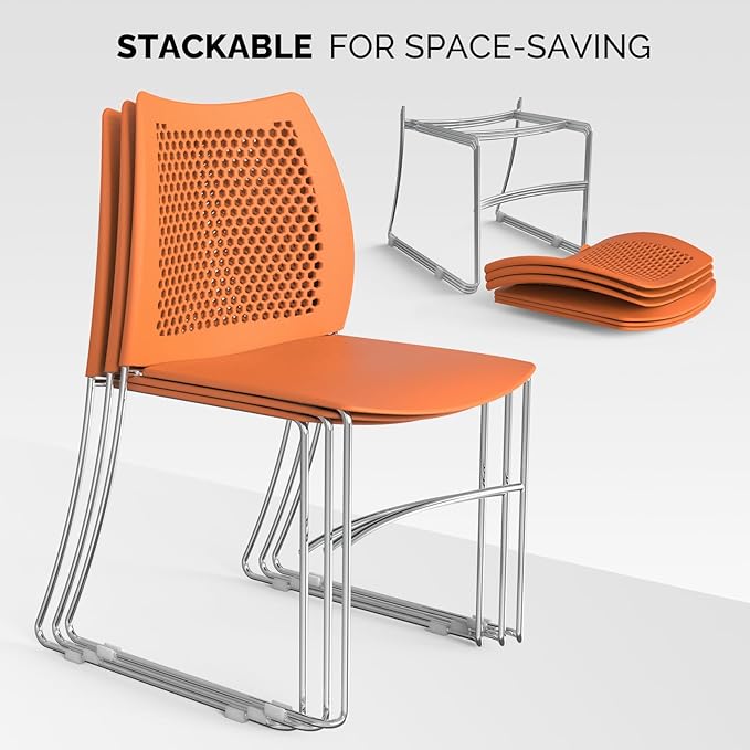 VINGLI Stacking Chairs Set of 12 Stackable Office Chairs with Metal Sled Base, Ergonomic Plastic Seat & Holes Back, Stacking Chairs for Waiting Room Break Room Banquet Guest, Orange