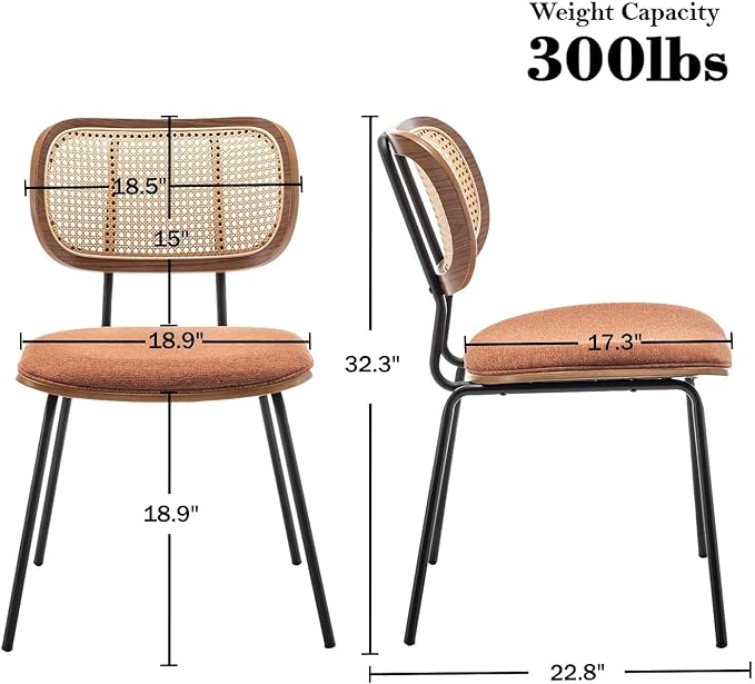HOCEWI Rattan Dining Chairs Set of 4, Christmas Dining Chairs Mid Century Modern with Cane Back for Kitchen Dining Room, 19 Inch Fabric Orange
