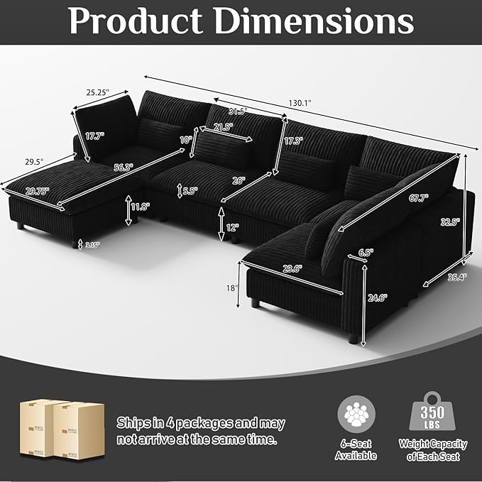 130" W x 67" D U Shape Sectional Sofa with USB Charging & Cup Holder & Storage, 6 Seater Plush Corduroy Couches with Movable Ottoman, Cloud Couch Sofas for Living Room, DIY Combination - Black