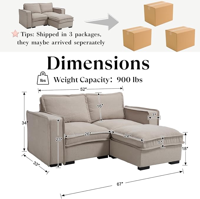 HEAY-YO 67 Inches Modern Modular Sectional Sofa,L Shape 2-Seater Comfy Couch with Moveable Ottoman,Floor Sofa for Living Room Bedroom Apartment,Linen Sand