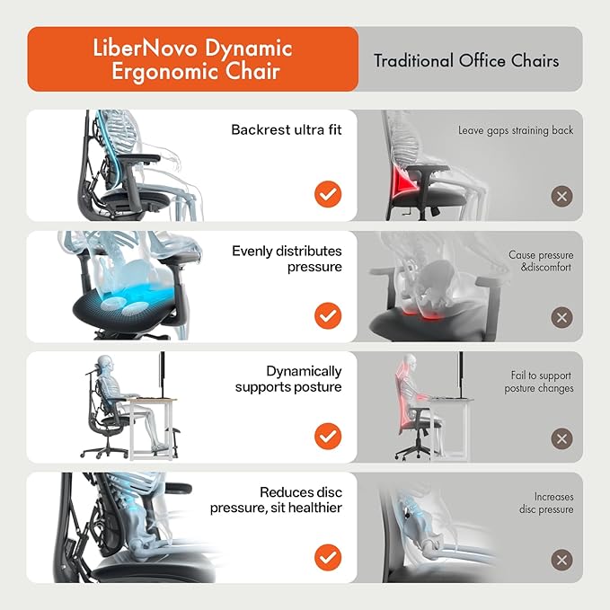 LiberNovo Dynamic Ergonomic Desk Chair + StepSync Footrest Bundle - Comfy Home Office Chair with Adaptive Lumbar Support, 160° Recline & Built-in Spine Stretch, Gray+48cm