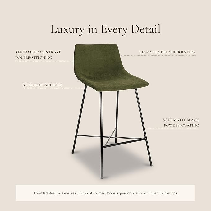 Poly & BARK Paxton Leather Counter Stools 24 Inches – Set of 3 - Counter Height Bar Stools – Barstools for Kitchen Island or Counters – Faux Leather & Matte Black Steel Base – Distressed Green Velvet