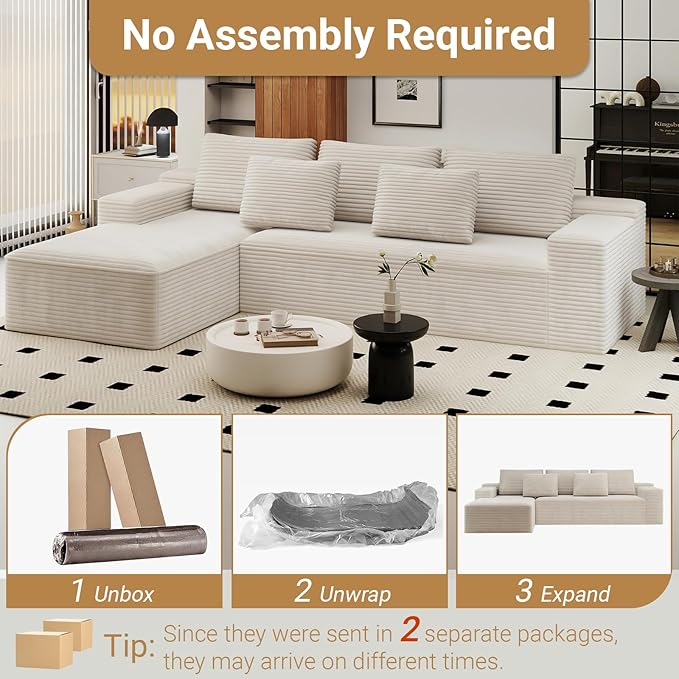 KAPEETOO Cloud Modular Sectional Sofa with Chaise Longue, Giant L Shaped Sectional Couch with Deep Seat, Oversize 3-Seater Boneless Couch for Living Room Bedroom Left Facing Chaise (White)