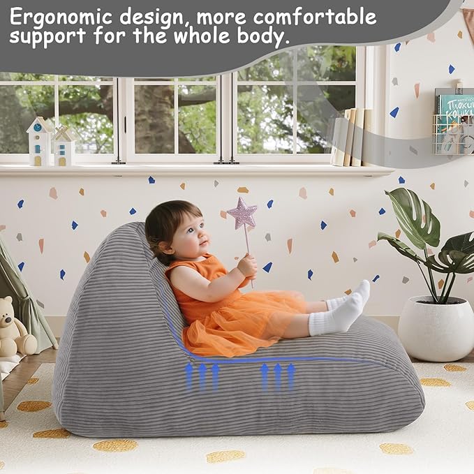 COMAX Bean Bag Chairs for Kids, Kid Beanbag Chair with Filler, Toddler Lounge Bean Chair Corduroy, Lazy Floor Lounger for Girls and Boys Stuffed, Light Grey