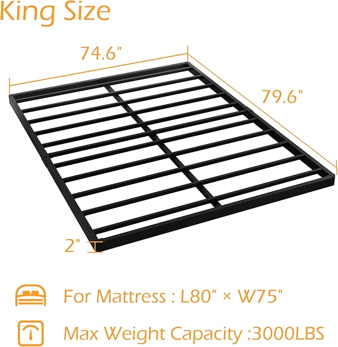 Maenizi King Size Box Spring 2 Inch Low Profile, Heavy Duty Metal Box Spring Bed Base Bunkie Board, Mattress Foundation, Easy Assembly, Noise Free, Black
