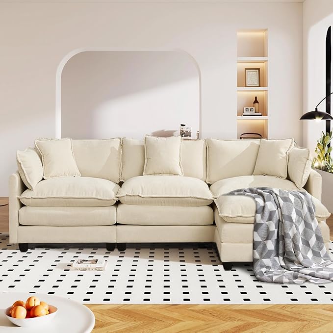 SoarFlash 113.78" Chenille Sectional Sofa, Comfy Modular Loveseat Sofa, Modern 3-Seat Couch Deep Seat Sofa Set for Living Room,Beige