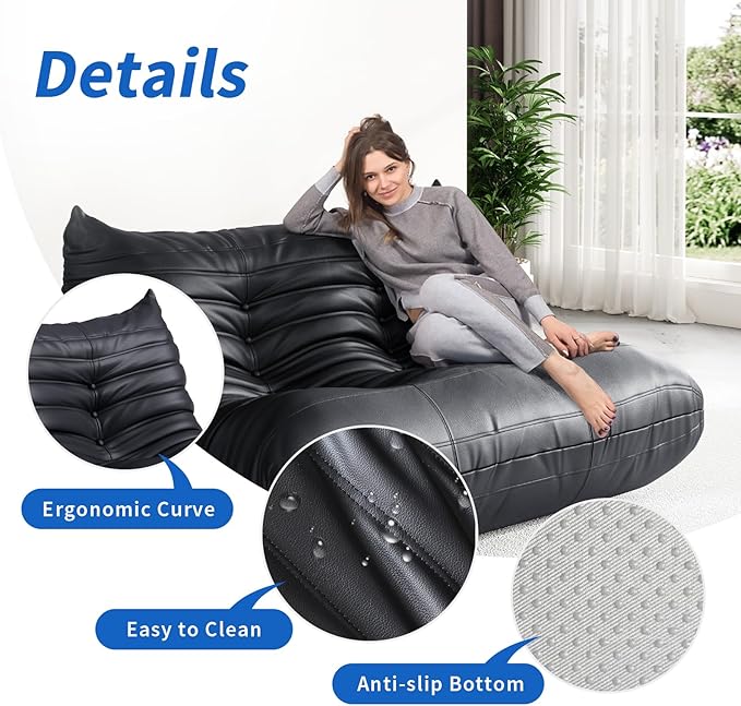 Fireside Corner Bean Bag Chairs for Adults,Comfy Lazy Floor Sofa Couch, Soft Lounge Foam-Filled Couches 3-Seater Chair for Living Room Bedroom Office,Black