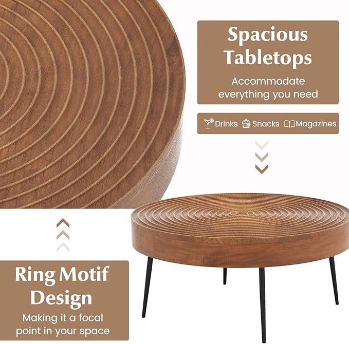 Giantex Boho Round Coffee Table Set of 2, Sofa Side Nesting Table with Solid Pine Wood Top, Metal Legs & Adjustable Foot Pads, 31.5" D Large Table Set for Living Room (Ring Pattern, Brown)