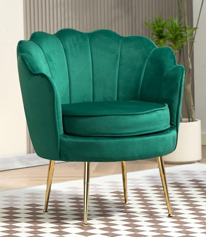 Container Furniture Direct Velvet Barrel Accent Chair with Scalloped Silhouette and Gold Metal Legs, Decorative Piece Suitable for Traditional, Modern, and Contemporary Spaces, Green