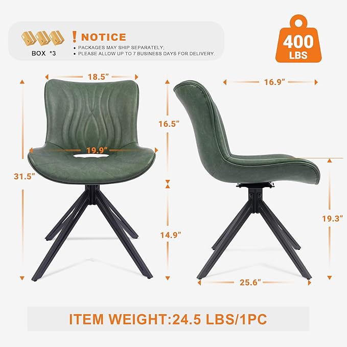 VATROS Dining Chairs Set of 6, 360° Swivel Upholstered Mid-Century Modern Kitchen Dining Room Chairs, Armless Faux Leather Accent Side Chair with Padded Back, Metal Legs for Living Room,Green
