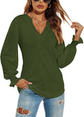 Romanstii Women's Casual V-Neck T-Shirts Loose Puff Long Sleeve Tops Tunic Blouses