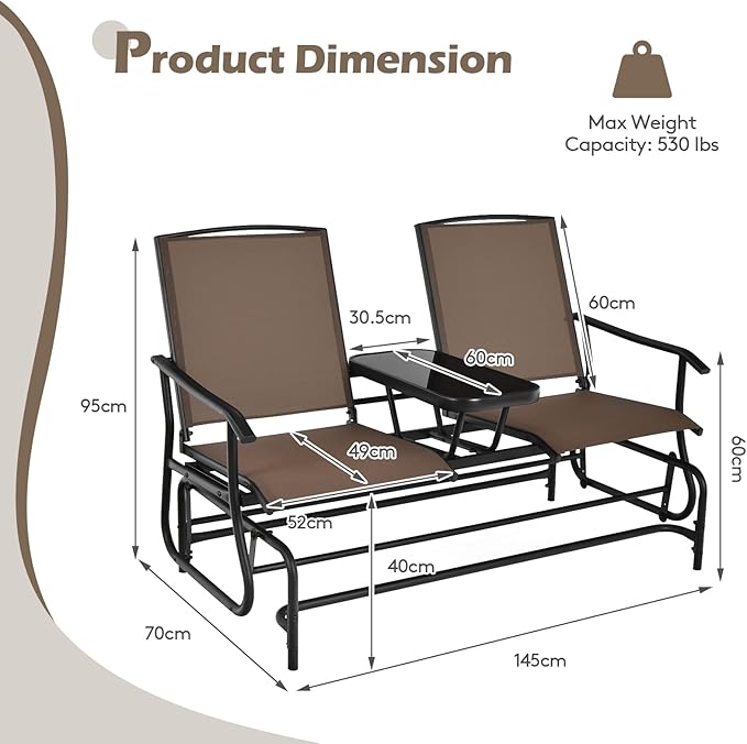 S AFSTAR 2-Person Outdoor Glider, Patio Glider Bench Chairs with Center Tempered Glass Table & Breathable Loveseat, Double Swing Glider Chair for Porch Garden Poolside Balcony Lawn (Brown)