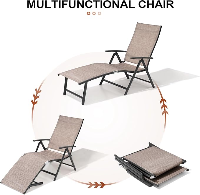 Crestlive Products Chaise Lounge Chair Outdoor Set of 2, Aluminum Folding Patio Recliner Chair, Adjustable 8 Positions Assemble-Free Perfect for Beach, Yard, Pool, Deck