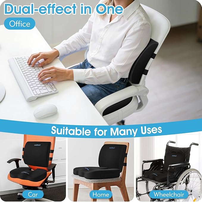 Seat Cushion, Lumbar Support Pillow with Adjustable Strap-Chair Cushions for Sciatica Pain Relief-with Washable Cover Memory Foam for Car, Travel and Wheelchair-Black