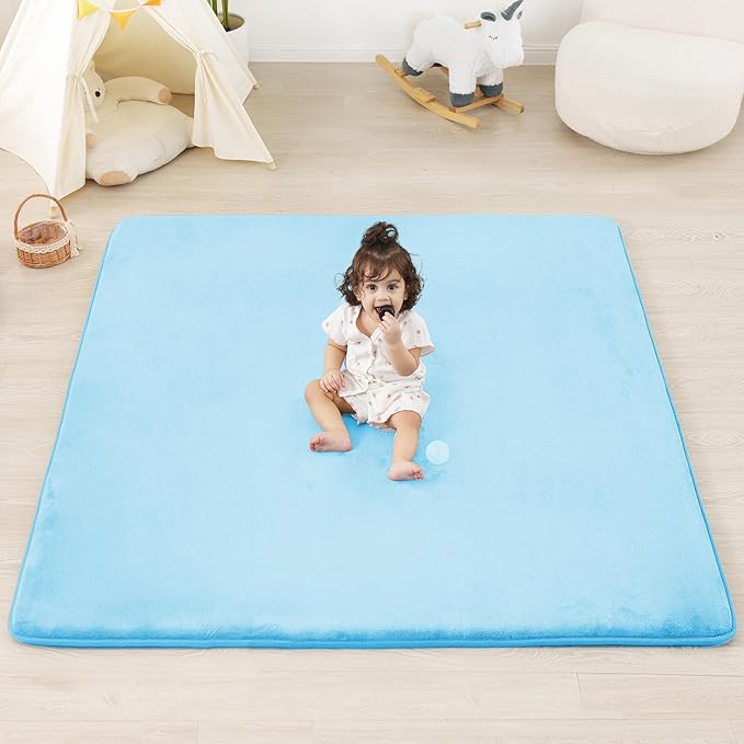 PAPAMAT 1.3" Thick Baby Floor Play Mat 50x50, Basic Padded Foam Mat for Tummy Time Crawling, Non Slip Cushioned for Babies Toddlers Infants Kids (Ice Blue)