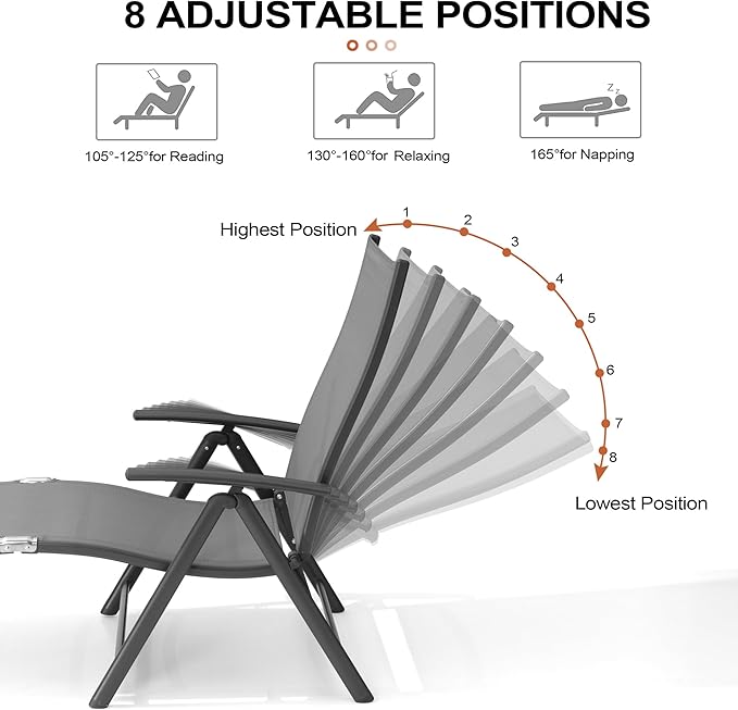 Crestlive Products Folding Patio Chaise Lounge Chair Outdoor, Aluminum Adjustable Outdoor Pool Recliner Chair, Assemble-Free, 8 Positions