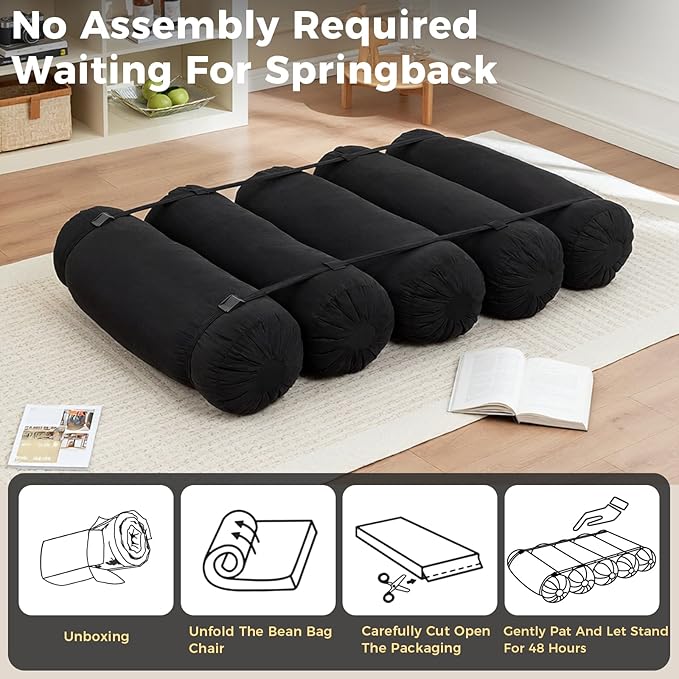 Ekskiei Bean Bag Chair, Corduroy Sectional, Flexible Floor Seating Lazy Sofa, Soft Foam Filled Lounger, Non-Removable Cover, Reconfigurable Design,Living Room,Bedronm&Offices,Black