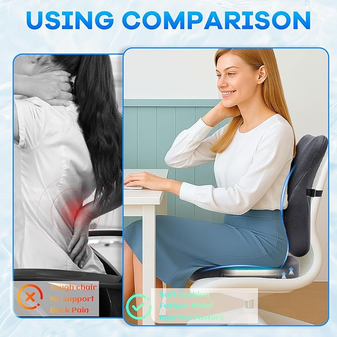 Gel-Infused Desk Chair Cushion & Memory Foam Lumbar Pillow for Sciatica Pain Relief,Breathable Mesh Cover with Non-Slip Base,Adjustable Straps and Portable Handle for Office Seat Cushion,Grey