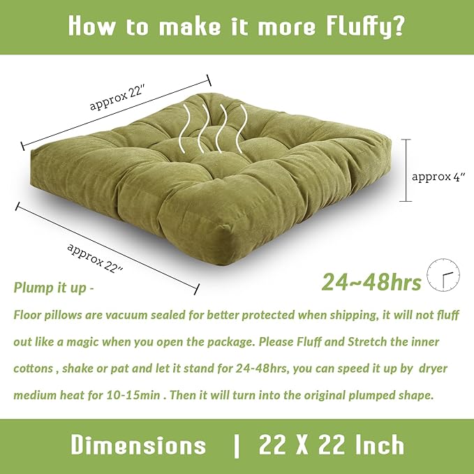 Sexysamba Square Floor Seat Pillows Cushions 22" x 22", Soft Thicken Yoga Meditation Cushion Pouf Tufted Corduroy Tatami Floor Pillow Reading Cushion Chair Pad Casual Seating for Adults & Kids, Green