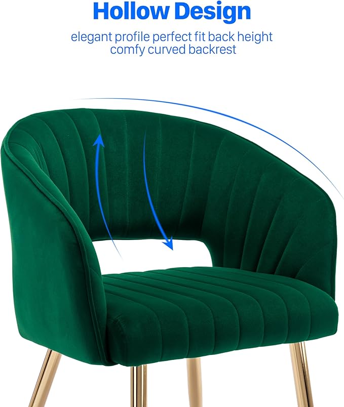 KCC Modern Accent Dining Chairs Set of 6, Upholstered Velvet Dining Room Chairs with Hollow Back, Tufted Kitchen Chairs Side Chairs with Gold Metal Legs for Living Room Restaurant, Green